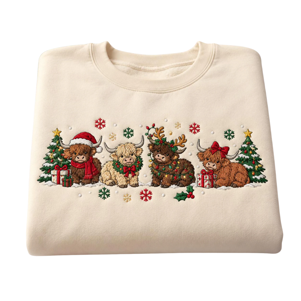 Highland Cow Christmas Embroidered Sweatshirt For Women Men, Cow Lover Christmas Sweatshirt 2D1288