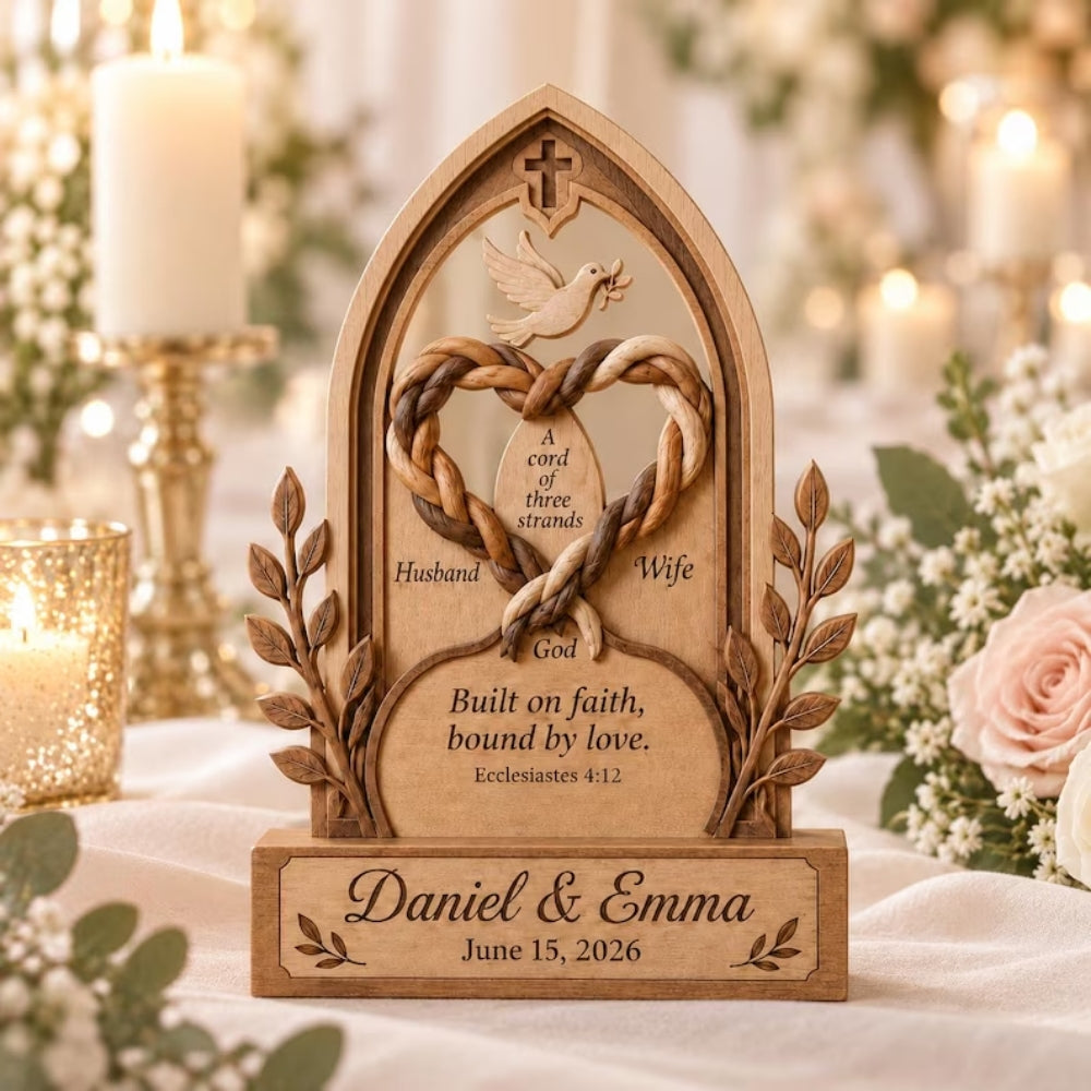 Custom Christian Couple Wooden Plaque Cord of Three Strands, Custom Faith Wedding Keepsake Wooden Block WD0782