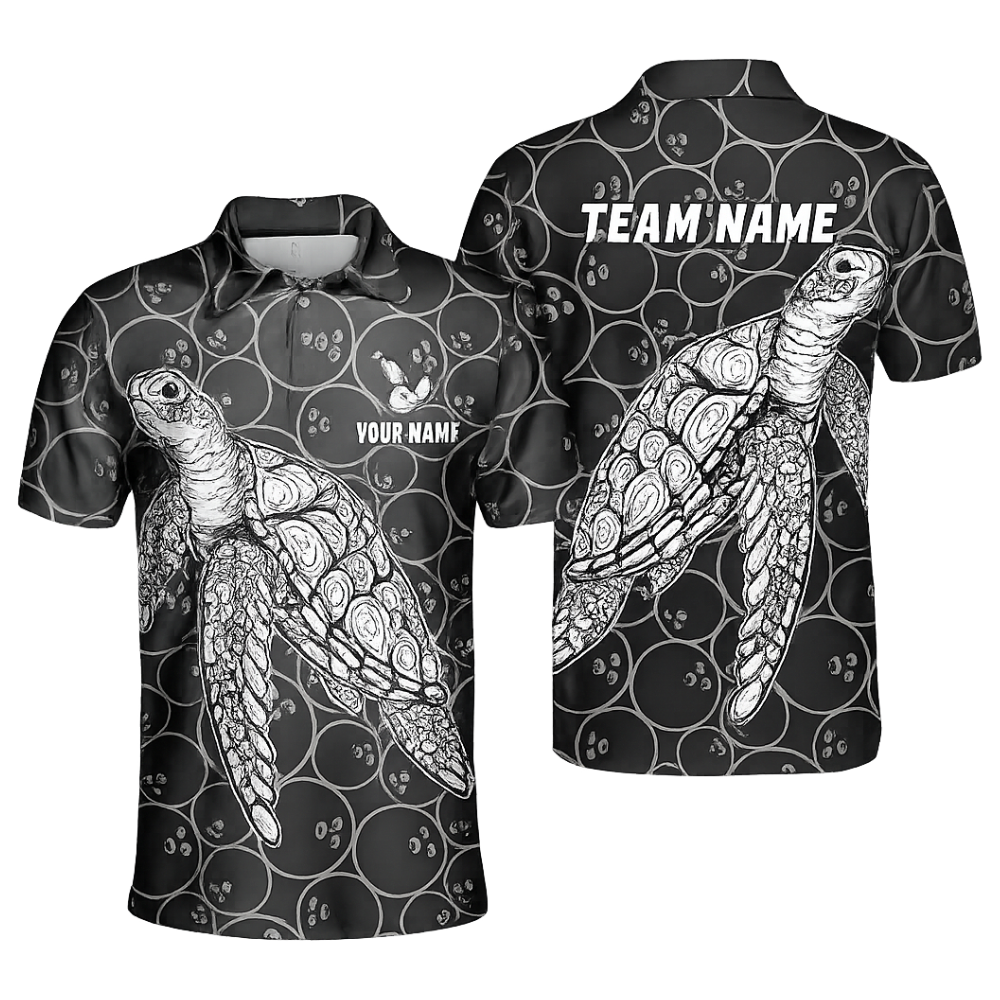 Custom Turtle Mens Black Bowling Polo Shirt, Custom Turtle Bowling Team Shirts BZ0458