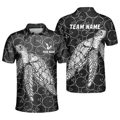 Custom Turtle Mens Black Bowling Polo Shirt, Custom Turtle Bowling Team Shirts BZ0458