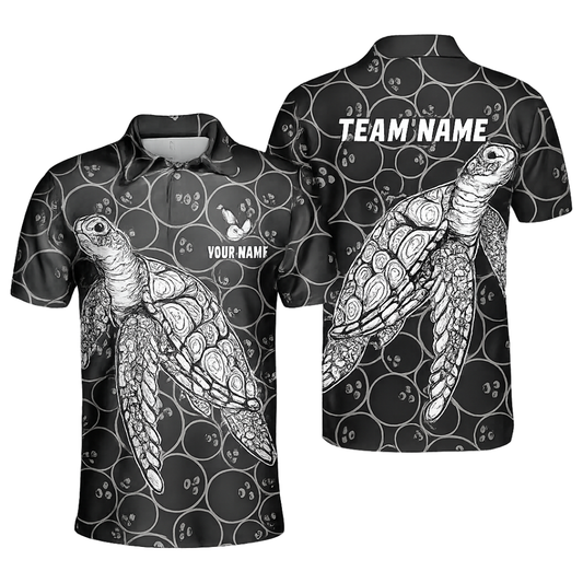 Custom Turtle Mens Black Bowling Polo Shirt, Custom Turtle Bowling Team Shirts BZ0458