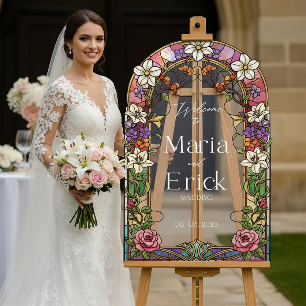 Custom Wildflowers Roses Stained Glass Welcome Wedding Acrylic Sign, Custom Floral Wedding Welcome Sign WD0701