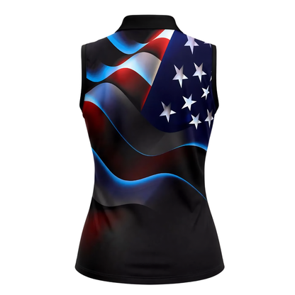Neon American Flag Women's Sleeveless Golf Shirt, 4th Of July Patriot Golf Shirts For Ladies