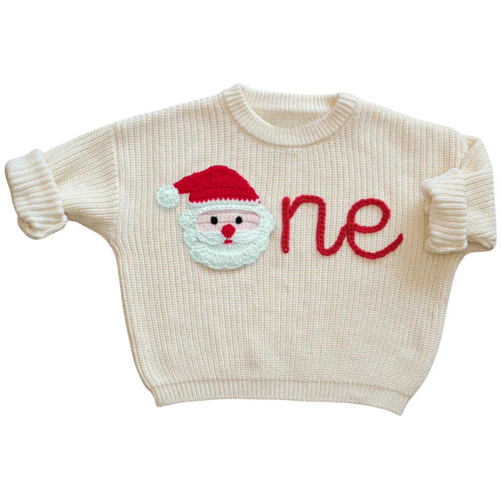 One Santa Xmas Baby Embroidered Knit Sweater, First Christmas Baby Sweatshirt BB0904