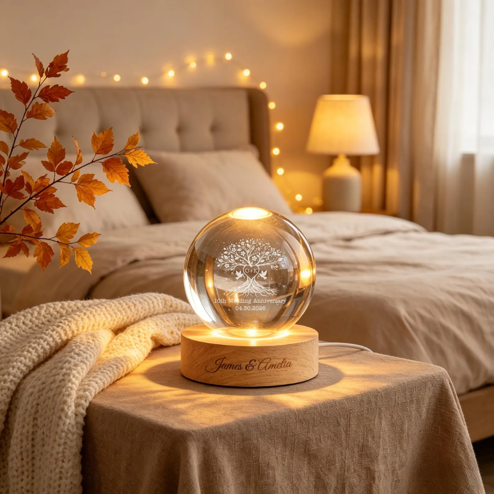 Custom 10th Wedding Anniversary Tree Crystal Ball Led Night Light, Custom Ten Years Wedding Night Light WD0824
