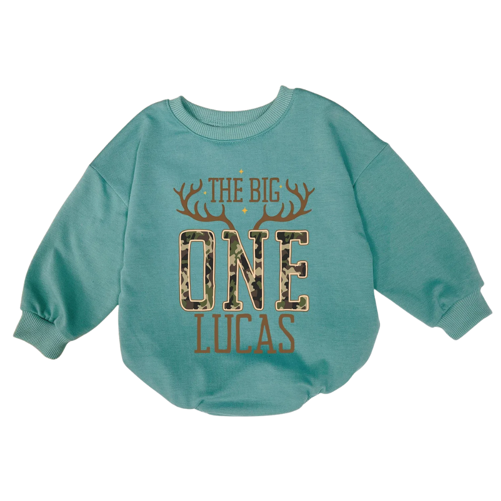 Custom The Big One Deer Camo Baby Romper Sweatshirt, Custom Deer Hunting First Birthday Romper Sweatshirt Baby BB0541
