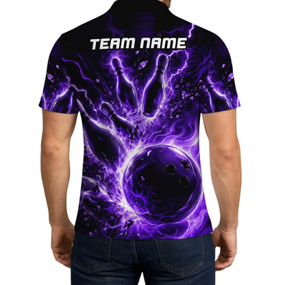 Custom Thunder Lightning Purple Bowling Polo Shirt, Custom Team Thunder Bowling Shirts BE0193