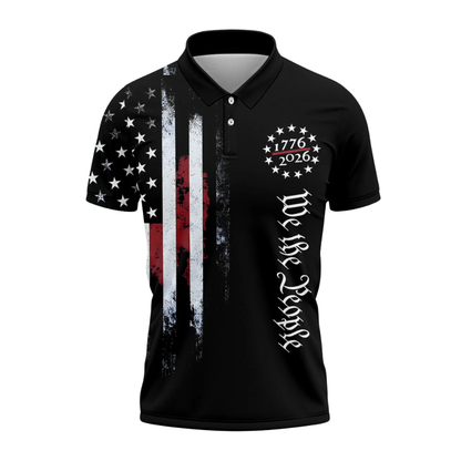 1776-2026 We The People USA Flag Black Golf Mens Polo Shirt, Independence Day Golf Shirts GE0537