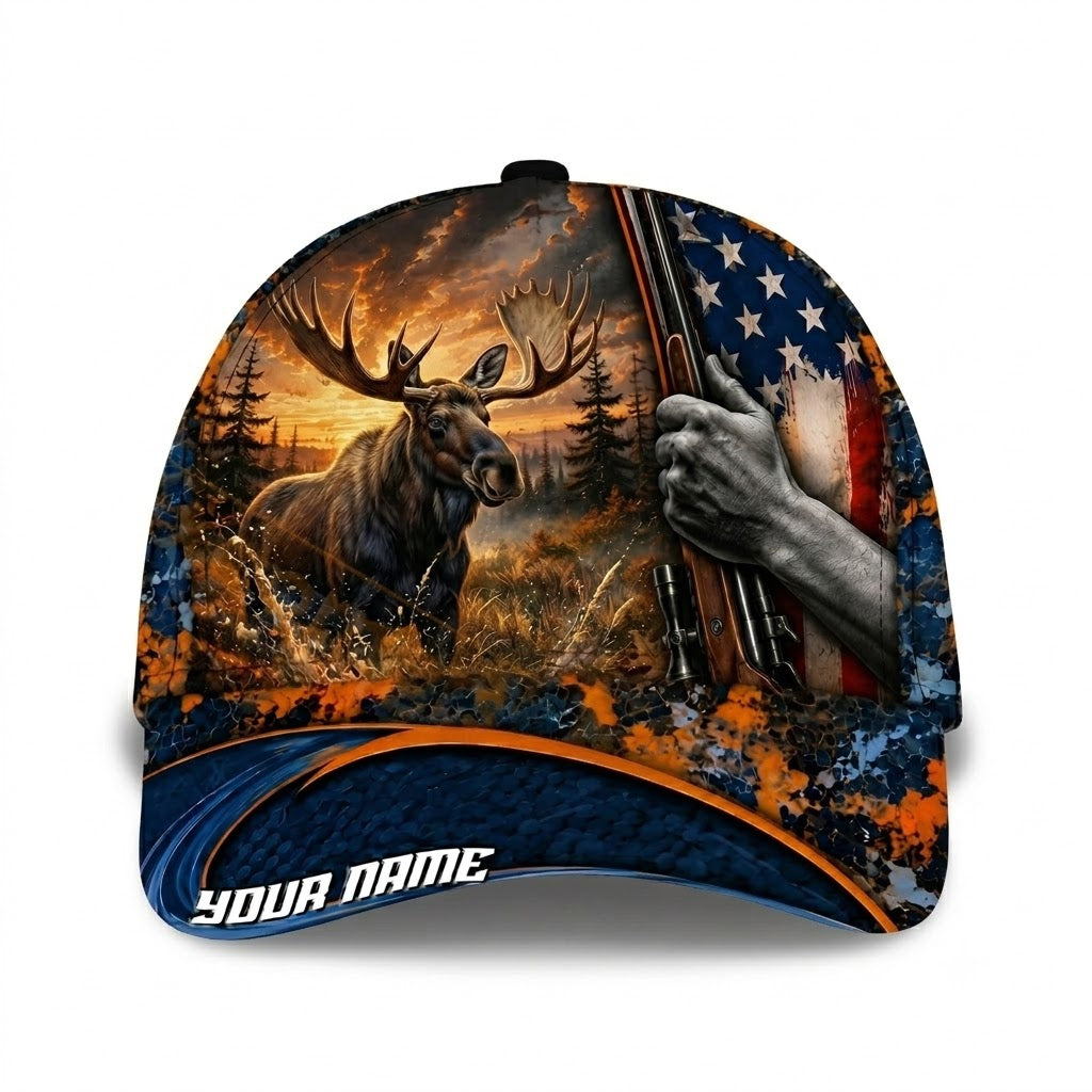 Custom Moose American Flag Baseball Cap, Custom Moose Hunting Cap Hat CP0735