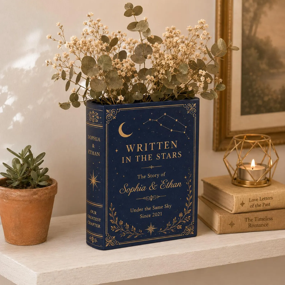 Written In The Stars Custom Wedding Mid Night Ceramic Book Vase, Custom Wedding Anniversary Engagement Book Vase For Stargazers WD0563