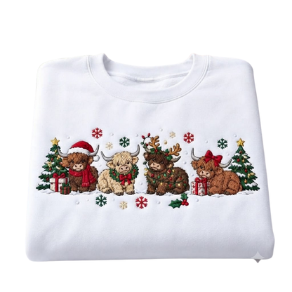 Highland Cow Christmas Embroidered Sweatshirt For Women Men, Cow Lover Christmas Sweatshirt 2D1288