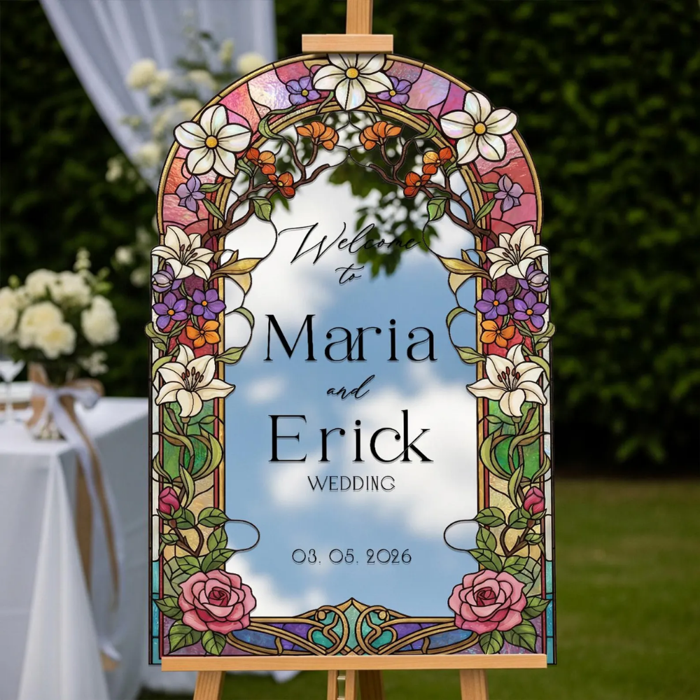 Custom Wildflowers Roses Stained Glass Welcome Wedding Acrylic Sign, Custom Floral Wedding Welcome Sign WD0701