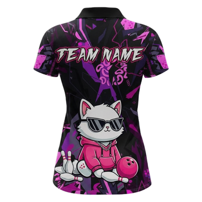 Custom Cat Black Pink Women's Bowling Polo Shirt, Cat Lover Custom Team Bowling Shirts For Ladies BZ0534