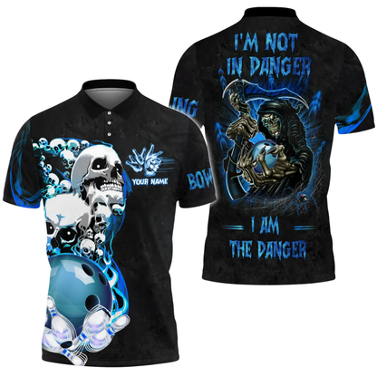 I'm Not In Danger I'm The Danger Custom Skeleton Bowling Men Polo Shirt, Custom Name Skull Bowling Shirts BZ0463