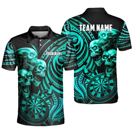 Custom Skull Black Cyan Darts Polo Shirt For Men, Custom Tribal Skull Dart Team Shirt DZ0088