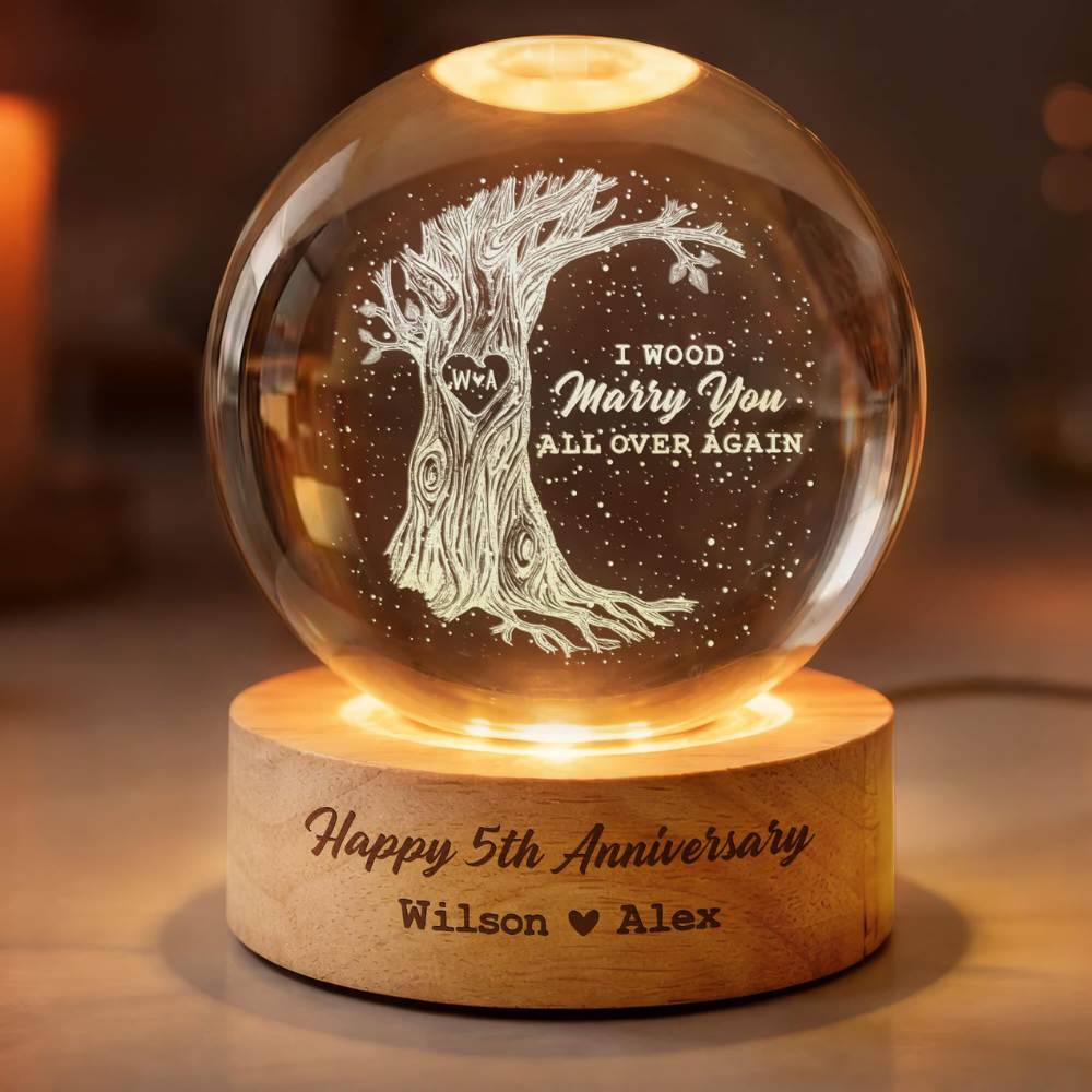 I Wood Marry You All Over Again Custom Couple Crystal Led Night Light, Custom 5 Years Wedding Keepsake Night Light WD0896