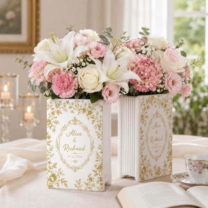 Personalized Toile De Jouy Floral Engaged Ceramic Book Vase, Custom Couple Name Engagement Book Vase WD0552