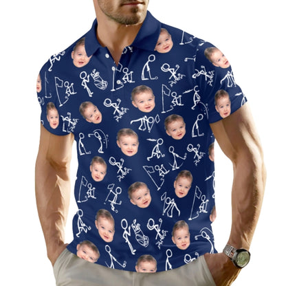 Custom Photo Stickfigures Grey Men's Golf Polo Shirt, Custom Photo Golf Shirts GZ0254