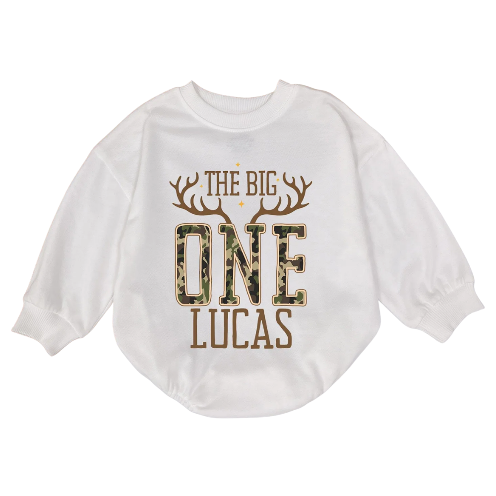 Custom The Big One Deer Camo Baby Romper Sweatshirt, Custom Deer Hunting First Birthday Romper Sweatshirt Baby BB0541