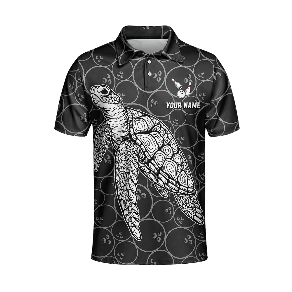 Custom Turtle Mens Black Bowling Polo Shirt, Custom Turtle Bowling Team Shirts BZ0458