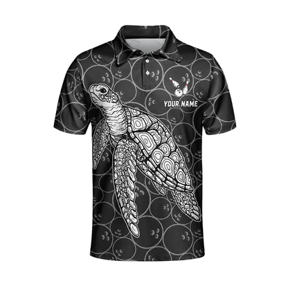 Custom Turtle Mens Black Bowling Polo Shirt, Custom Turtle Bowling Team Shirts BZ0458