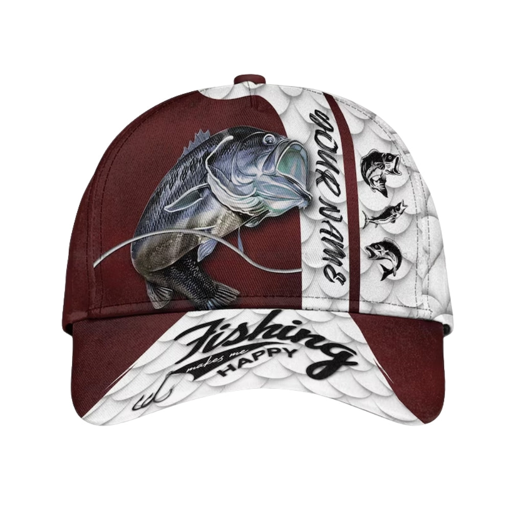Fishing Makes Me Happy Custom Fishing Baseball Cap, Custom 3D Caps Hats For Fishing Lovers CP0087