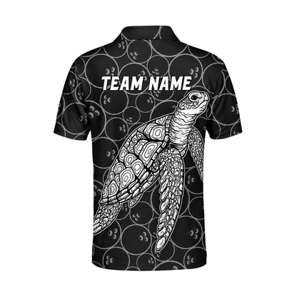 Custom Turtle Mens Black Bowling Polo Shirt, Custom Turtle Bowling Team Shirts BZ0458