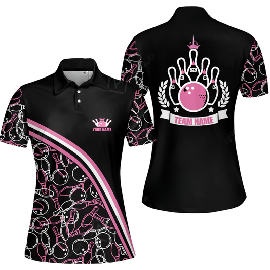 Custom Black Pink Bowling Team Polo Shirts For Ladies, Custom Womens Bowling Shirts BZ0492