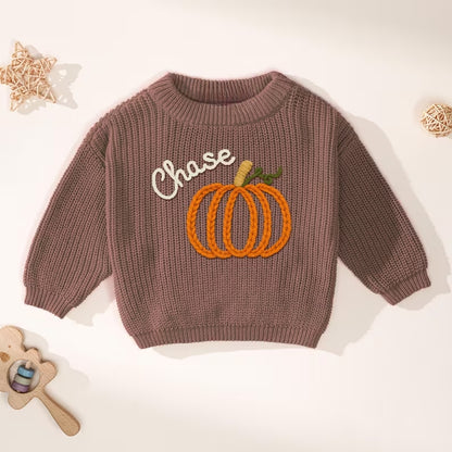Custom Name Pumpkin Baby Embroidered Knit Sweater, Personalized Thanksgiving Baby Sweatshirt BB0762
