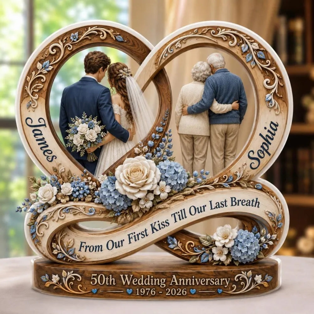Infinity Heart Custom 50th Anniversary Couple Wooden Block, Custom Golden Wedding Anniversary Wooden Plaque WD0783