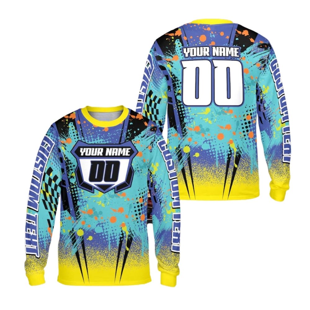 Custom Yellow Splatter Long Sleeve Motocross Jersey Mens, Custom Racing Dirt Bike Shirts With Number ME0037