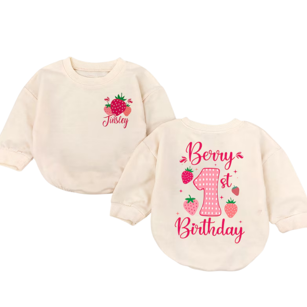 Custom Name Berry 1st Birthday Romper Sweatshirt, Custom First Birthday Baby's Strawberry Romper Sweatshirt BB0227