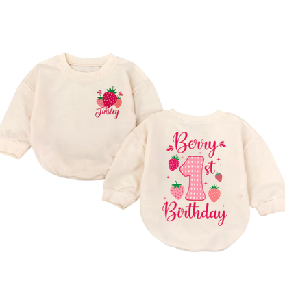 Custom Name Berry 1st Birthday Romper Sweatshirt, Custom First Birthday Baby's Strawberry Romper Sweatshirt BB0227
