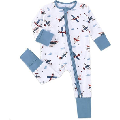 Airplane Baby Convertible Zipper Romper Blue And White, Aircraft Baby Romper Convertible BB0385