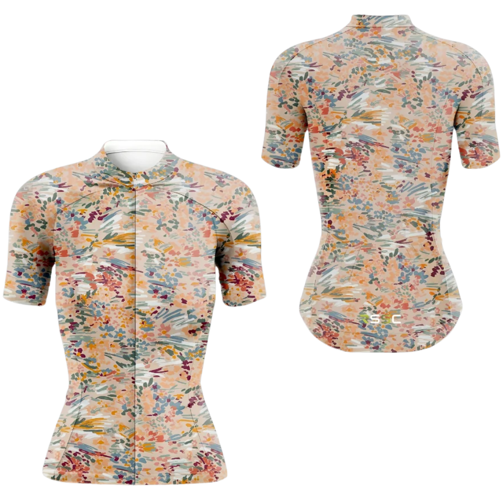 Blooming Flowers Cycling Short Sleeve Jersey Womens, Ladies Floral Beige Cycling Jersey CG0868