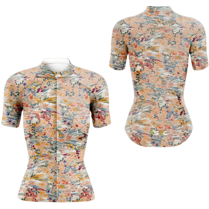 Blooming Flowers Cycling Short Sleeve Jersey Womens, Ladies Floral Beige Cycling Jersey CG0868
