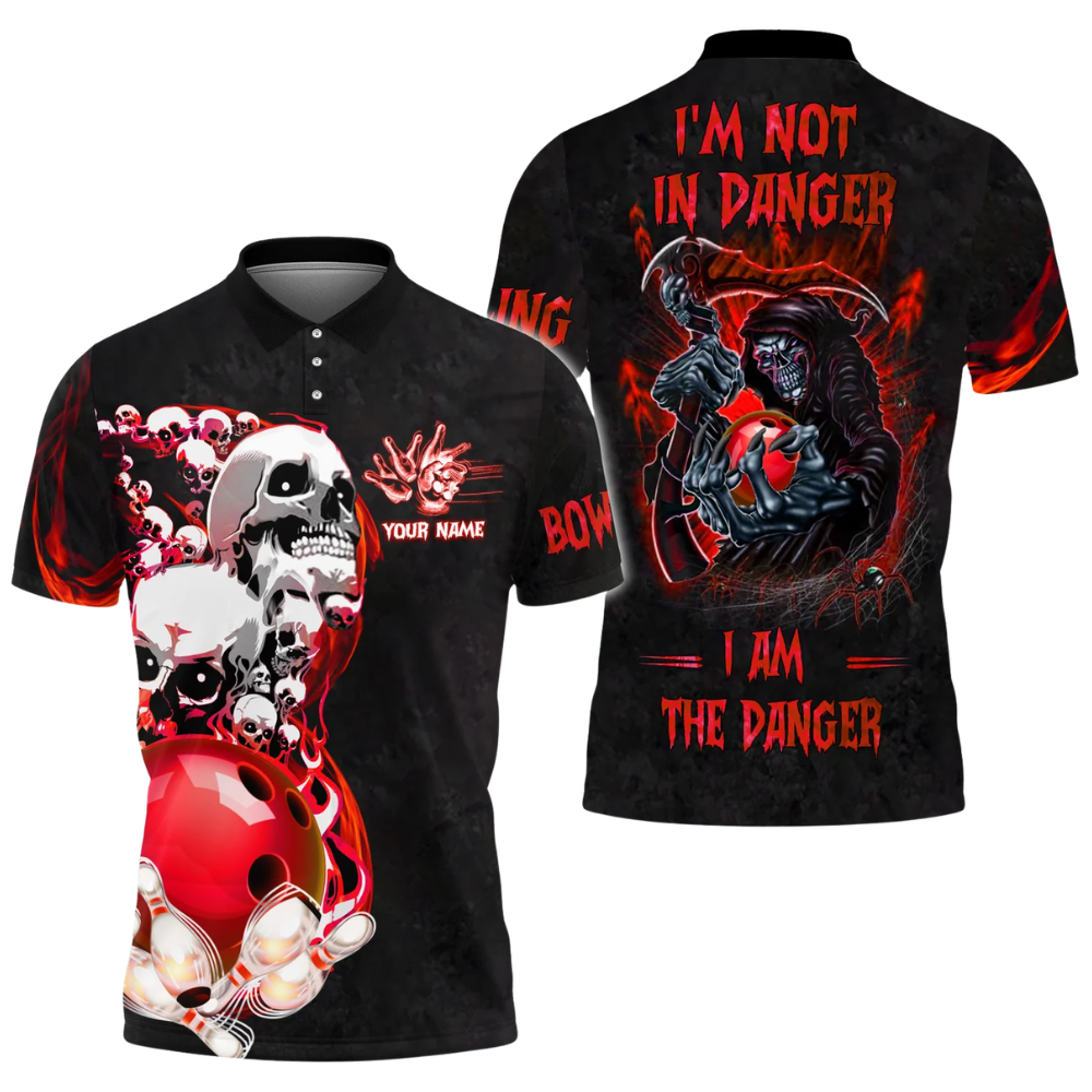 I'm Not In Danger I'm The Danger Custom Skeleton Bowling Men Polo Shirt, Custom Name Skull Bowling Shirts BZ0463