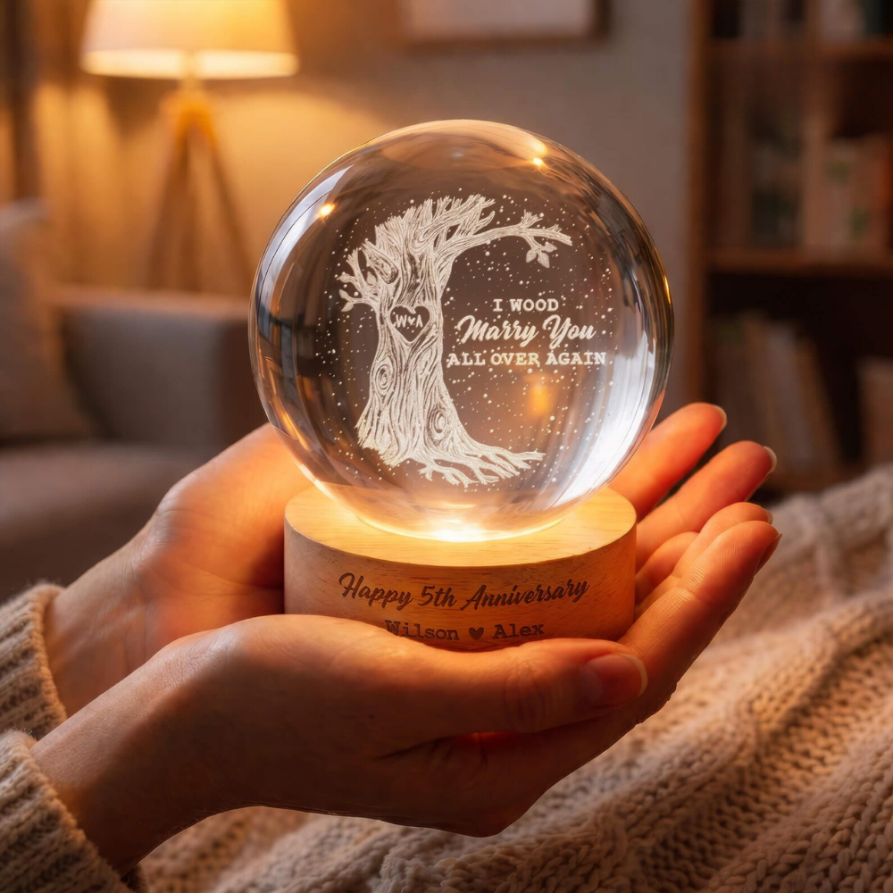 I Wood Marry You All Over Again Custom Couple Crystal Led Night Light, Custom 5 Years Wedding Keepsake Night Light WD0896