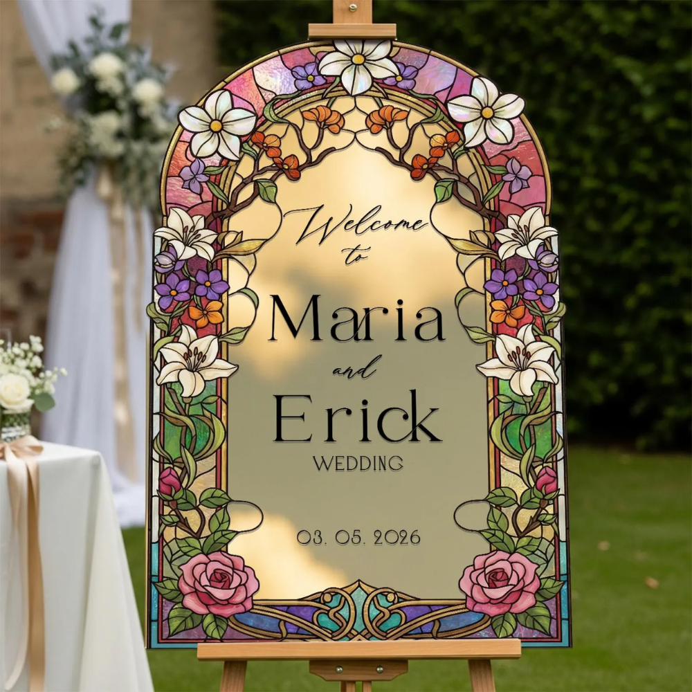 Custom Wildflowers Roses Stained Glass Welcome Wedding Acrylic Sign, Custom Floral Wedding Welcome Sign WD0701