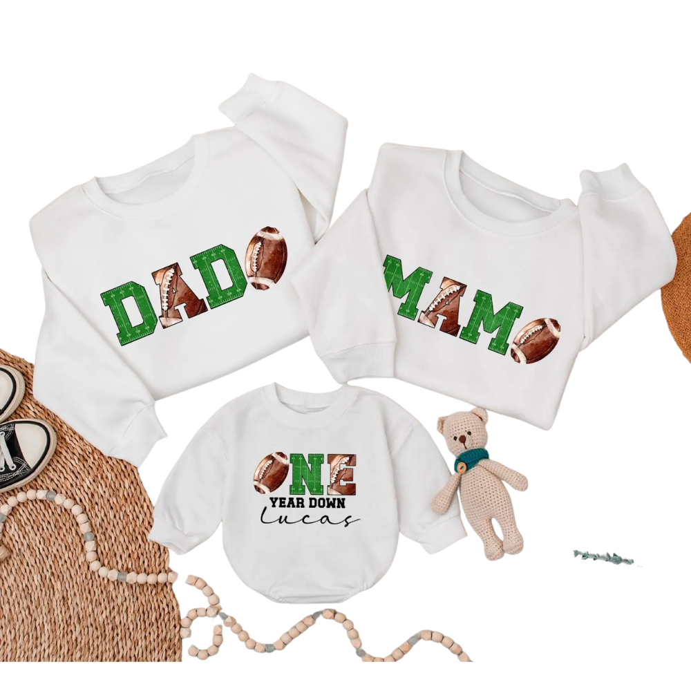 One Year Down Custom Football First Birthday Matching Family Sweatshirt, Personalized 1st Birthday Football Sweaters For Family ET1566