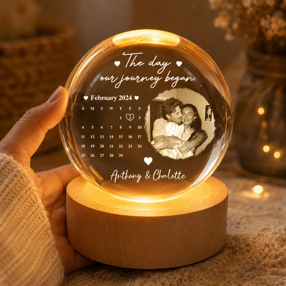 Custom Photo And Calendar Crystal Ball Led Night Light, Custom Couple Wedding Night Light WD0825