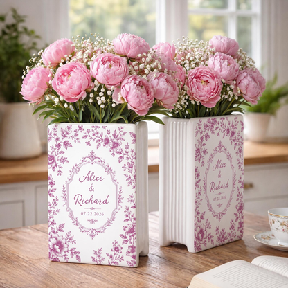 Personalized Toile De Jouy Floral Engaged Ceramic Book Vase, Custom Couple Name Engagement Book Vase WD0552