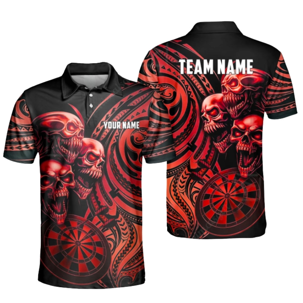 Custom Skull Black Cyan Darts Polo Shirt For Men, Custom Tribal Skull Dart Team Shirt DZ0088