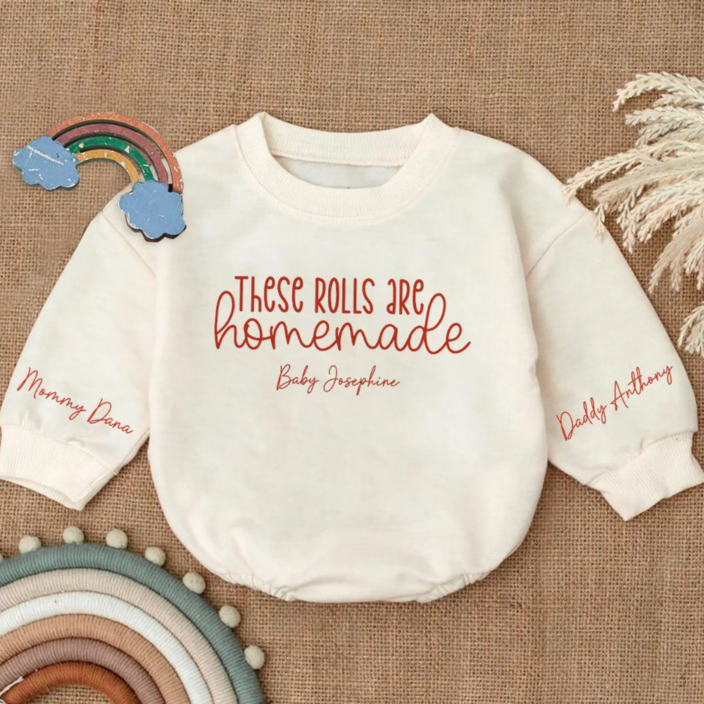Custom Name These Rolls Are Homemade Baby Romper Sweatshirt, Personalized Thanksgiving Baby Romper BB0145