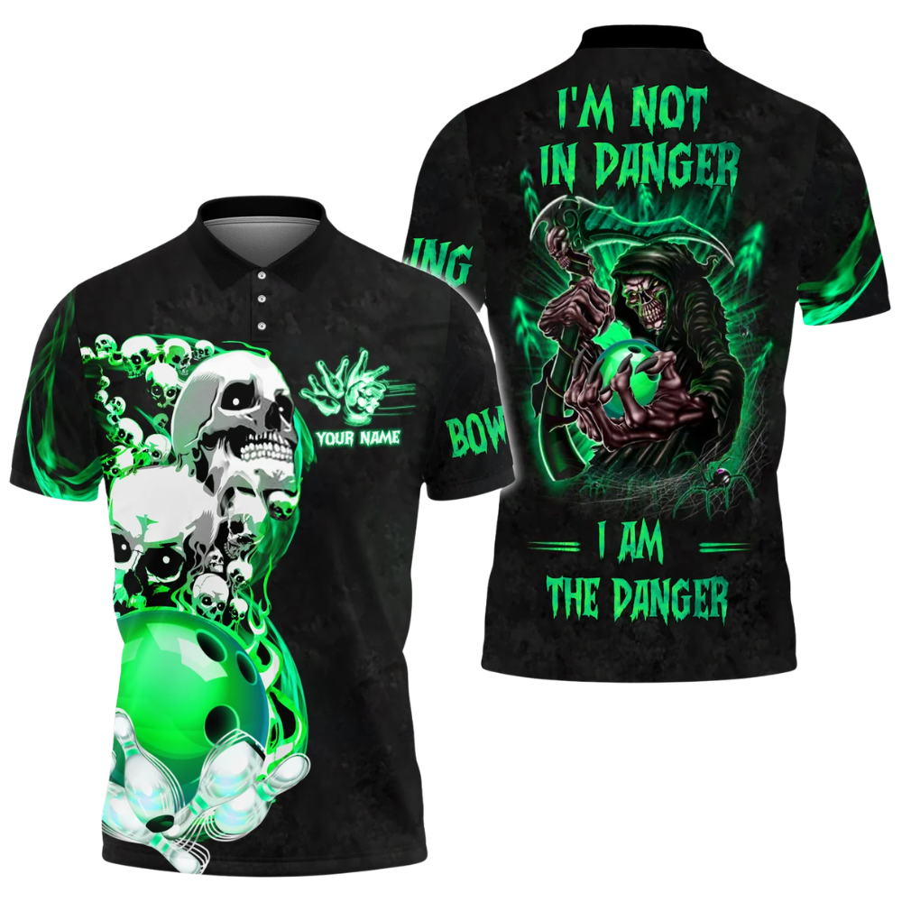 I'm Not In Danger I'm The Danger Custom Skeleton Bowling Men Polo Shirt, Custom Name Skull Bowling Shirts BZ0463
