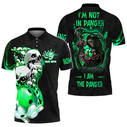I'm Not In Danger I'm The Danger Custom Skeleton Bowling Men Polo Shirt, Custom Name Skull Bowling Shirts BZ0463