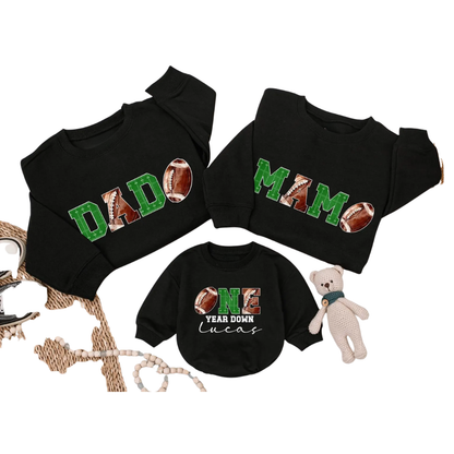 One Year Down Custom Football First Birthday Matching Family Sweatshirt, Personalized 1st Birthday Football Sweaters For Family ET1566