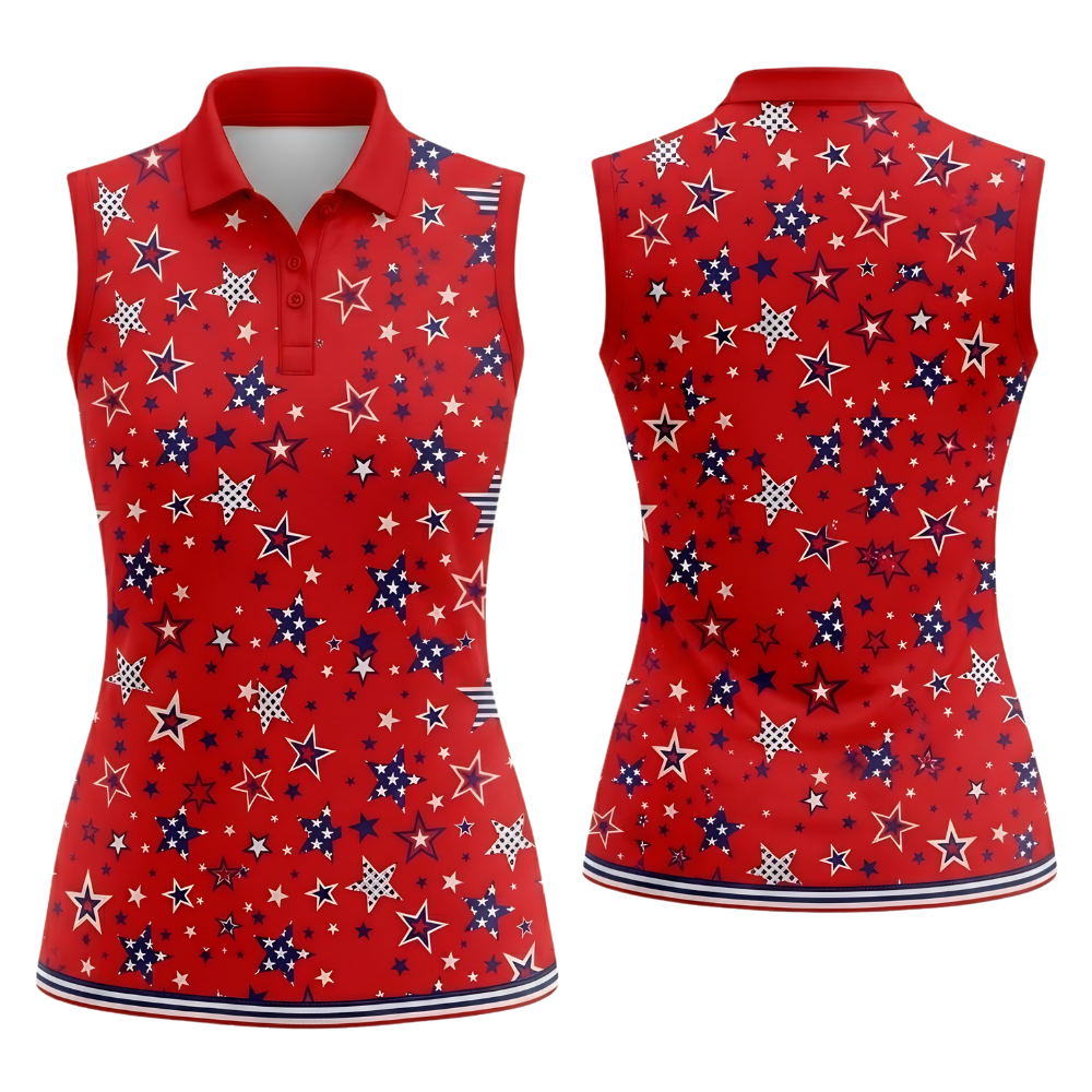 Women's Star American Flag Red Sleeveless Golf Shirt, 4th Of July Golf Shirts For Women GE0441