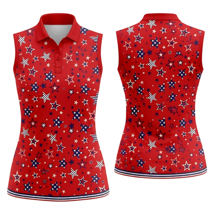 Women's Star American Flag Red Sleeveless Golf Shirt, 4th Of July Golf Shirts For Women GE0441