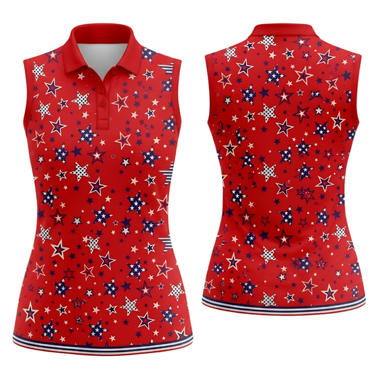 Women's Star American Flag Red Sleeveless Golf Shirt, 4th Of July Golf Shirts For Women GE0441
